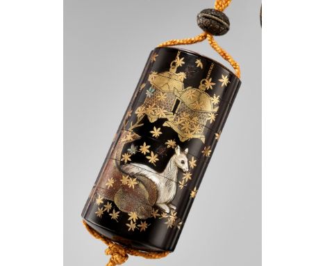 KOMA SADAHIDE: A SUPERB INLAID FIVE-CASE LACQUER INRO DEPICTING DEERS IN NARA PARKBy Koma Sadahide, signed Koma Sadahide 古満貞榮