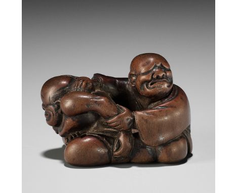 A SUPERB WOOD NETSUKE OF A BLIND MASSEUR AND CLIENT, ATTRIBUTED TO JOBUNAttributed to Jobun, unsignedJapan, Edo (Tokyo), late