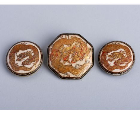 A SET WITH TWO SATSUMA CERAMIC BELT BUCKLES AND A BROOCH, MEIJIJapan, Meiji period (1868-1912) The brooch of octagonal from, 