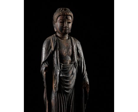 A CYPRESS WOOD FIGURE OF AMIDA NYORAI, HEIAN TO EARLY KAMAKURAJapan, 11th-12th century, late Heian (794-1185) to early Kamaku