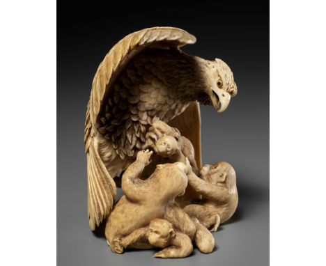 KATO TOMOTOSHI: A SUPERB IVORY OKIMONO OF AN EAGLE PREYING ON A GROUP OF MONKEYSBy Kato Tomotoshi, signed Kato Tomotoshi and 