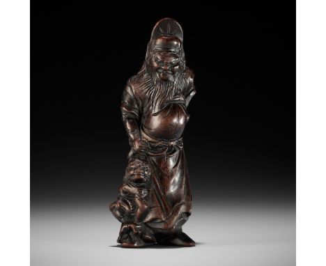 HOGEN SHUZAN: A SUPERB AND LARGE WOOD NETSUKE OF SHOKI AND ONISigned Hogen Shuzan 法眼周山Japan, 18th century, Edo period (1615-1