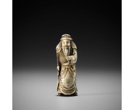 A FINE ANTLER NETSUKE OF KAN'UUnsignedJapan, 19th centuryThe god of war standing, holding his halberd in the right hand and s
