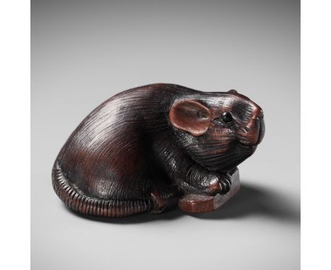 KAZUTOMO: A FINE WOOD NETSUKE OF A RAT WITH SHOGI TILEBy Kazutomo, signed Kazutomo 一友Japan, Gifu or Nagoya, c. 1850, Edo peri