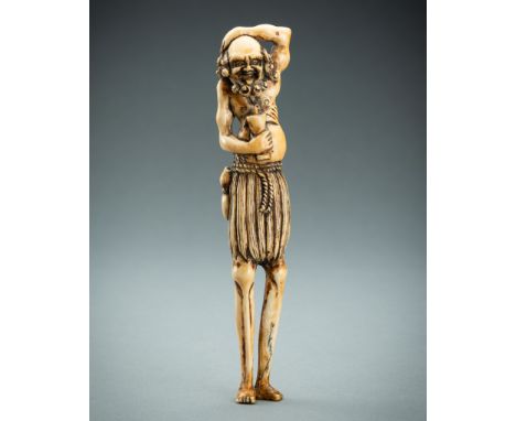 A TALL IVORY NETSUKE OF ASHINAGA WITH A CANDLEUnsignedJapan, 18th century, Edo period (1615-1868)The long-legged Ashinaga sta