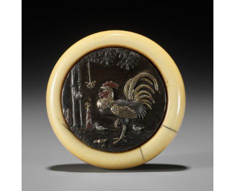 A LARGE IVORY AND MIXED METAL KAGAMIBUTA WITH ROOSTER, BAMBOO, SNAIL AND SPIDERUnsignedJapan, c. 1860The shibuichi disc worke