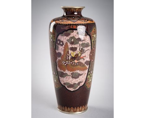 A FINE CLOISONNE ENAMEL VASE WITH MYTHICAL BEASTSJapan, Meiji period (1868-1912)Of baluster form, finely decorated with polyc