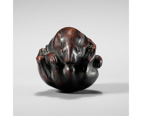 MINICHI: A RARE NAGOYA SCHOOL WOOD NETSUKE OF A COILED RAT LICKING ITSELFBy Minichi (Tamikazu), signed Minichi 民一Japan, Nagoy