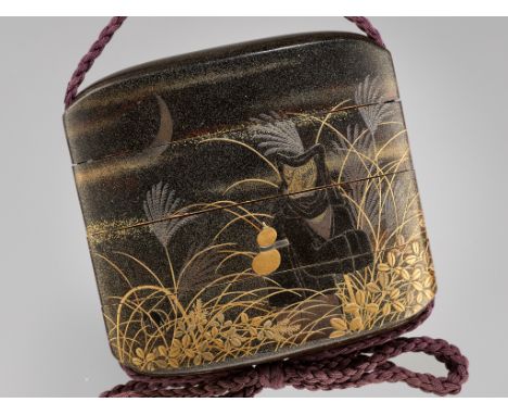 A VERY RARE THREE-CASE TOGIDASHI LACQUER INRO DEPICTING A KITSUNE LURED INTO A FOX TRAPUnsignedJapan, 18th-19th century, Edo 