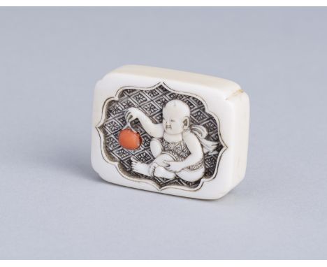 RENSAI: AN INLAID IVORY MANJU-STYLE NETSUKE DEPICTING A BOY, 19th CENTURYBy Rensai, signed Rensai 蓮齋 Japan, Asakusa, Tokyo, s