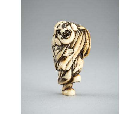 AN IVORY NETSUKE OF A HOTEI, 19th CENTURYJapan, 19th century The ivory netsuke with a fine honey to amber hued patina, depict