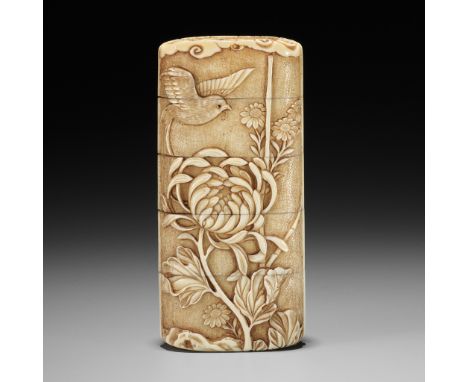 A MASTERFUL WALRUS TUSK FOUR-CASE INRO DEPICTING A SWALLOW AMONGST FLOWERSUnsigned Japan, Osaka/Tokyo, late 19th centurySuper