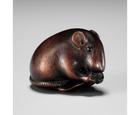 GYOKUZAN: A FINE WOOD NETSUKE OF A RAT WITH EDAMAME BEAN PODSBy Gyokuzan, signed Gyokuzan 玉山Japan, Gifu or Nagoya, 19th centu