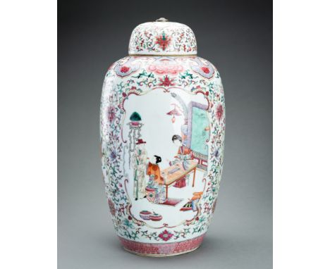 A LARGE FAMILLE ROSE PORCELAIN VASE AND COVER, QINGChina, Qing Dynasty (1644-1912). Of ovoid form, rising from a recessed foo