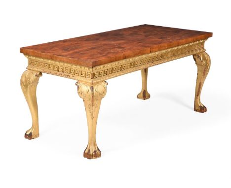 A CARVED GILTWOOD AND YEW WOOD CONSOLE TABLE IN GEORGE II STYLE, 20TH CENTURY 84cm high, 183cm wide, 86cm deep 