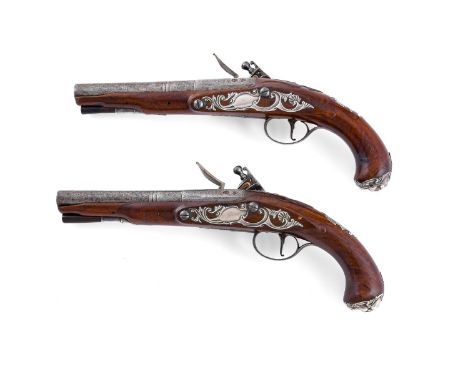 A PAIR OF SILVER-MOUNTED OFFICER'S PISTOLS BY GRIFFIN (PROBABLY JOSEPH) CIRCA 1770 The steel lock-plates inscribed GRIFFIN an