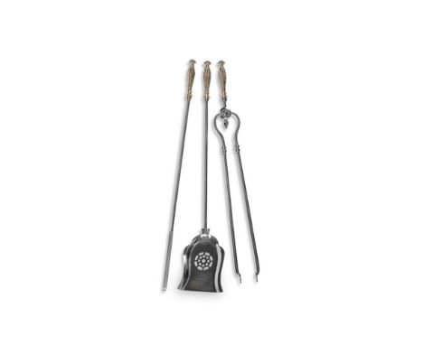 A SET OF THREE VICTORIAN BRASS AND STEEL FIRE TOOLS  MID 19TH CENTURY  Comprising poker tongs and shovel, each with a gilt br