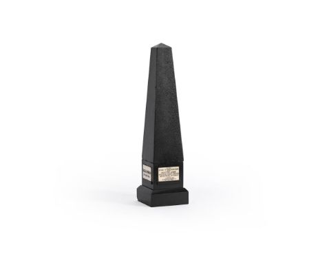 AN UNUSUAL SCOTTISH MARBLE MOUNTED BASALT OBELISK MODEL FOR A WATERLOO MONUMENT  DATED 1815  With four white marble plaques i