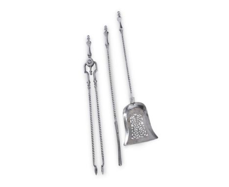 A SET OF THREE POLISHED STEEL FIRE TOOLS  19TH CENTURY  Knopped pommels and wrythen twist stems  poker 77cm long   For a simi