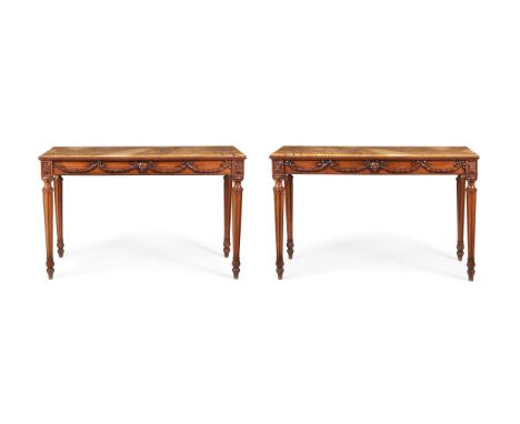 A PAIR OF CONTINENTAL WALNUT AND SIENA MARBLE MOUNTED CONSOLE TABLES IN 18TH CENTURY STYLE, 19TH CENTURY, THE MARBLE TOPS LAT
