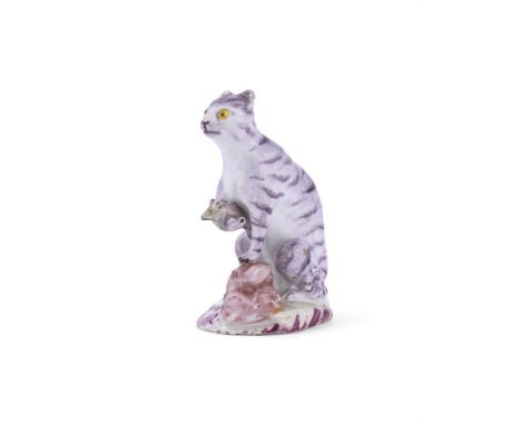 A BOW PORCELAIN MODEL OF A CAT WITH MOUSE CIRCA 1760 Modelled seated on its haunches holding a mouse 7.5cm highProvenance: Fr