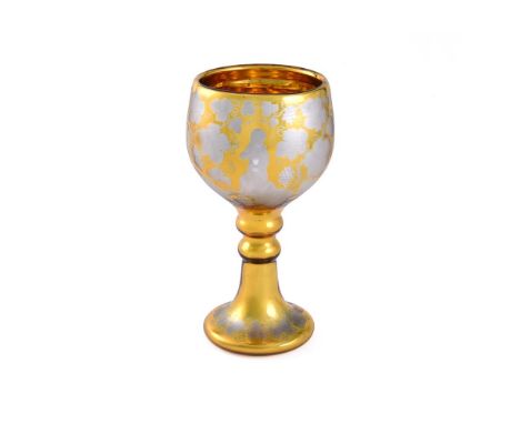 A LARGE AMERICAN YELLOW-GROUND CASED AND MIRRORED GLASS EXHIBITION OR DISPLAY GOBLET ENGRAVED WITH FRUITING VINE BY HENRY BAL