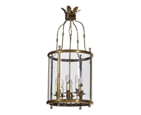 A LARGE BRASS AND GLASS DRUM LANTERN LIGHT  IN THE GEORGE III STYLE, 20TH CENTURY  Eight light fitting, leaf corona  95cm hig