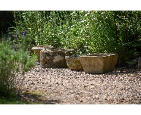 A COLLECTION OF GARDEN POTS, INCORPORATING;  A COTSWOLD STONE TROUGH  18TH CENTURY  29cm high, 57cm diameter  A COTSWOLD STON