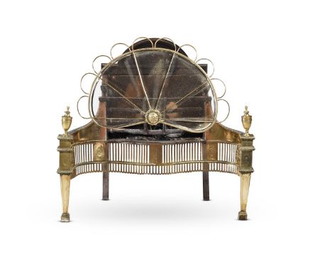 A GEORGE III FIRE GRATE  CIRCA 1800 AND LATER  Arched cast iron back above steel and brass frame, pierced apron, detachable f