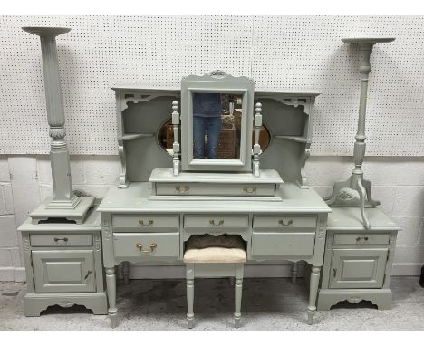 A Jaycee painted pine dressing table and stool with single drawer mirror, two bedside cupboards, together with a painted torc