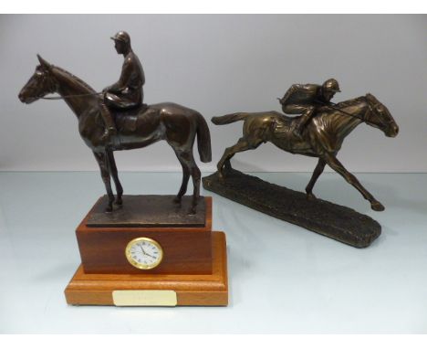 RACING - Cast resin single racehorse with jockey along with a Resin Mantle Clock from Tarmac Construction Handicap Chepstow 1