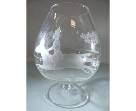 Antique Large oversized brandy glass etched with Hunting scenes