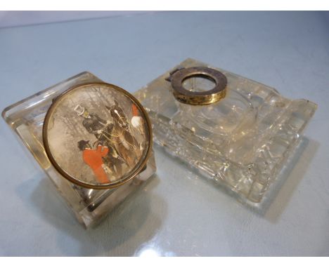 Unusual glass inkwell of cube form, (pen groove to top) the lid pictured of a hunting scene and to base etched DRGM 173770 an