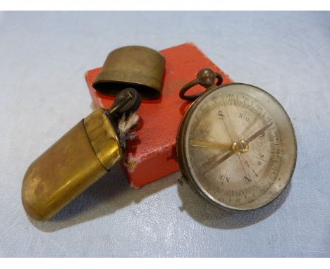 Brass cased pocket compass along with a Comoy Brass lighter No.22