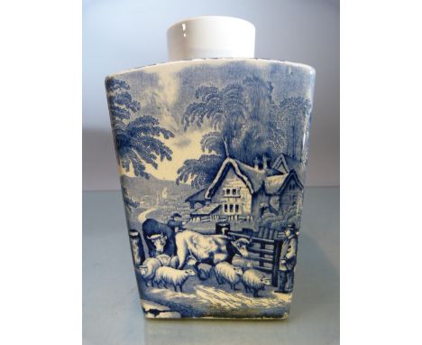 Staffordshire Creamware blue and white tea caddy - decorated with transfer scenes of cattle and sheep. 