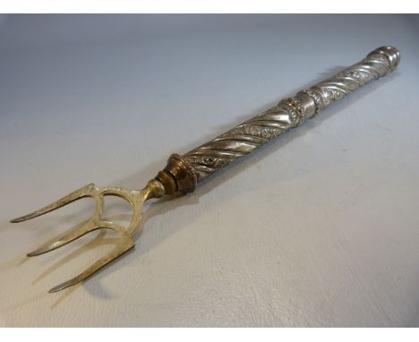 Silver handled toasting fork - the large silver handle with banded decoration and floral swags. Hallmarks for Birmingham Deak