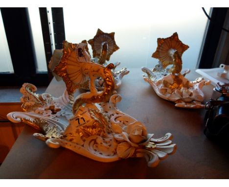 Three Italian ceramic wall lights with gilded decoration