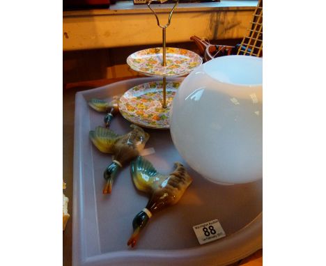 Flying duck ornaments, a cake plate and lamp shade