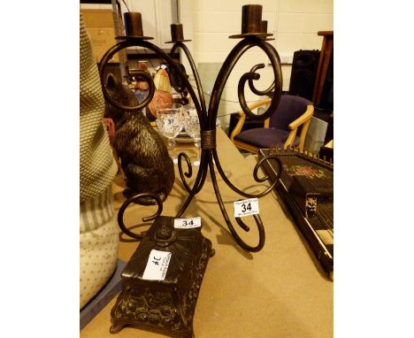 Wrought iron candle stick and a pewter jewellery box