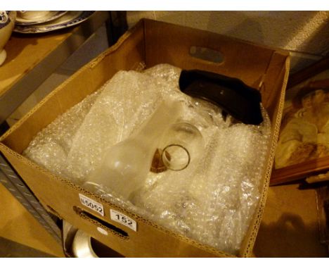 Box of table lamps, glass oil lamp chimneys and Stoneware hot water bottles