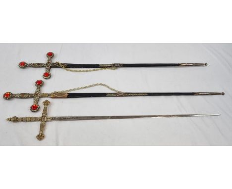Three Vintage, (two are a pair) Decorative Rapier Swords with Jewelled Handles. The pair come with leather scabbards. Length 