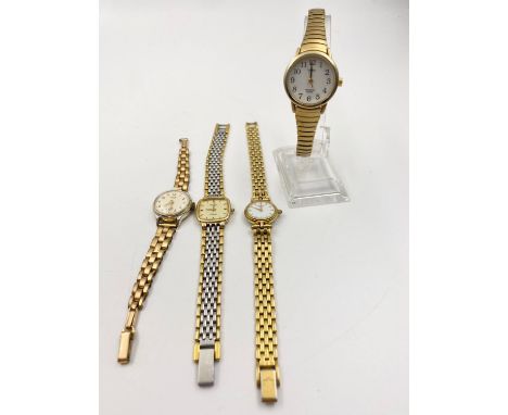 Four Vintage Ladies Dress Watches. Two Gold Plated Rotary watches. One Smiths Empire rolled gold watch.One Timex with expanda