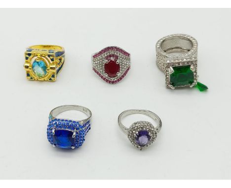 Five Fancy Dress Rings With Different Coloured Stones.Sizes: O,  2 x P, 2 x R. 