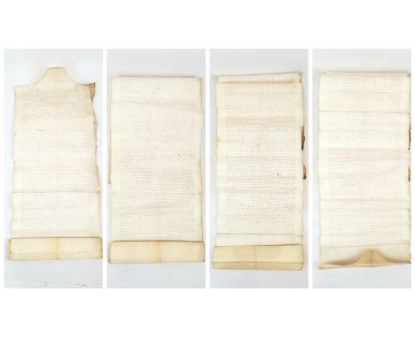 A VERY EARLY MANUSCRIPT HAND WRITTEN AND BEING NEARLY 280cms in length and 35cms wide 