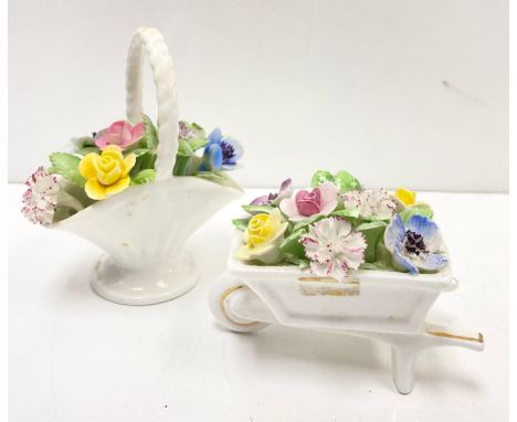 A pair of pretty ceramic flower ornaments, Royal Doulton and Royal Adderley, wheelbarrow and basket. 11cm 