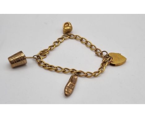 A Vintage 9K Yellow Gold Charm Bracelet with Heart Clasp. 18cm. 12.4g 