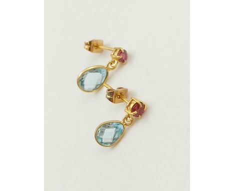 A Pair of Topaz and Ruby Earrings in Yellow Metal. 
