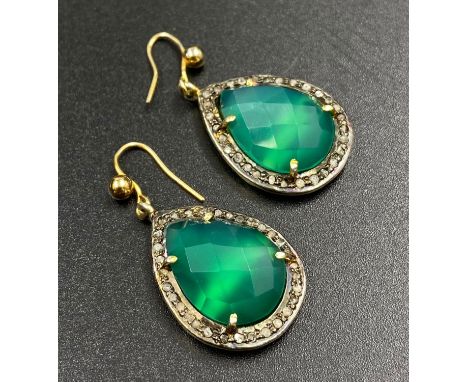 A pair of jade and rose diamond, pear shaped drop earrings, 22mm drop 
