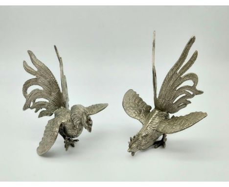 A Pair of Vintage Silver-Plated Fighting Cocks.Biggest Cock - 14cm tall. 