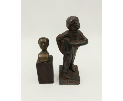 A Miniature Bronze Bust on a Wooden Plinth - Plus a small heavy metal statue - 17cm. 